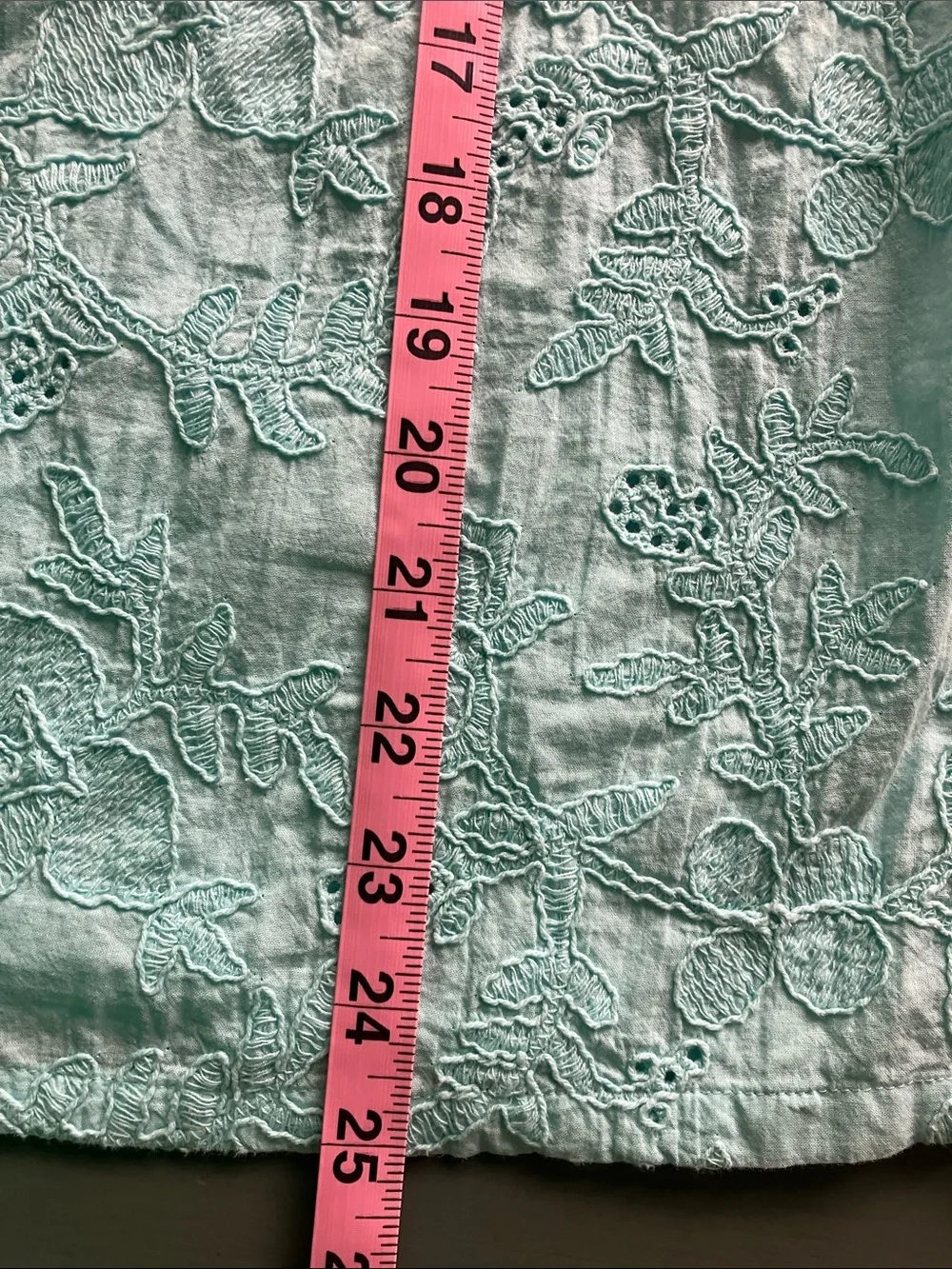 LOFT Feminine Aqua Embroidered Henley Blouse Half Elastic Sleeves Cotton Size M